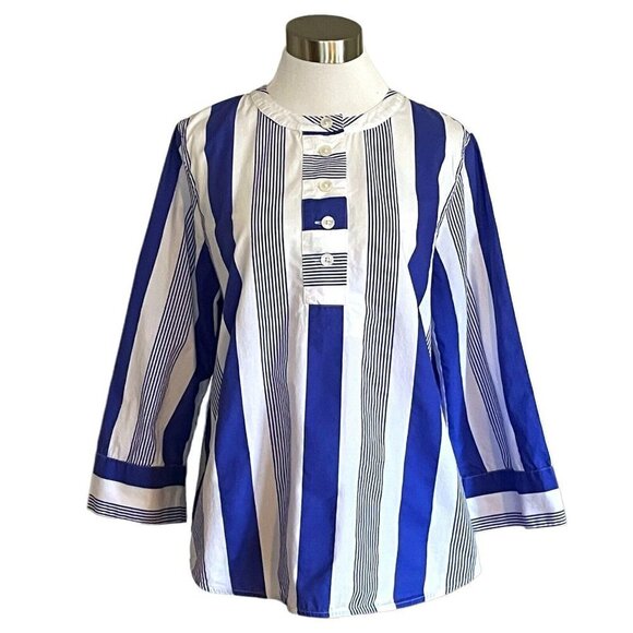 J Crew Button Front Cotton Poplin Tunic Top Womens Sz S Blue White Stripe Preppy - Picture 1 of 5